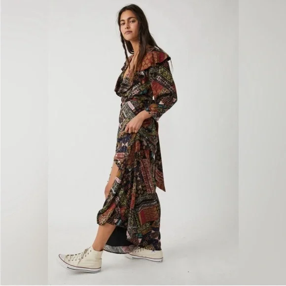 NWT Free People Lennon Patchwork Printed Ruffle Collar Boho Maxi Dress Size XL